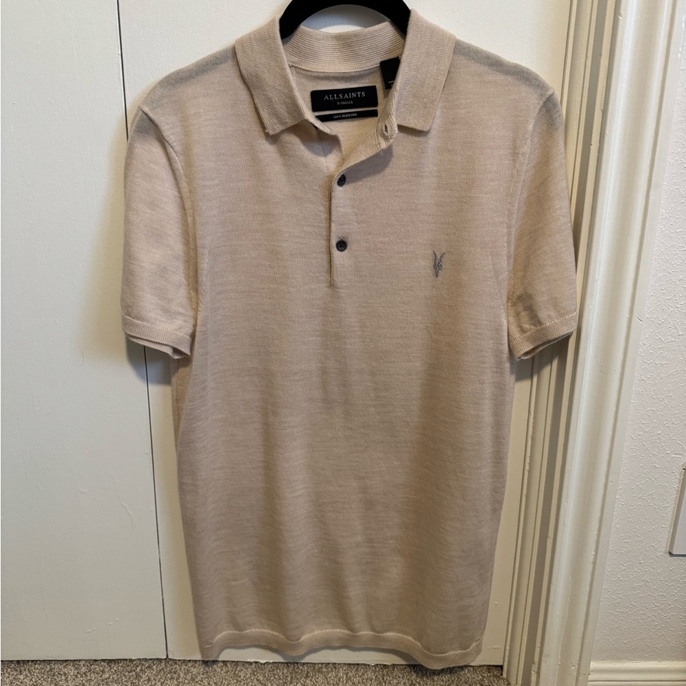 All Saints Light Tan 100% Merino Polo Shirt, Men’s XS